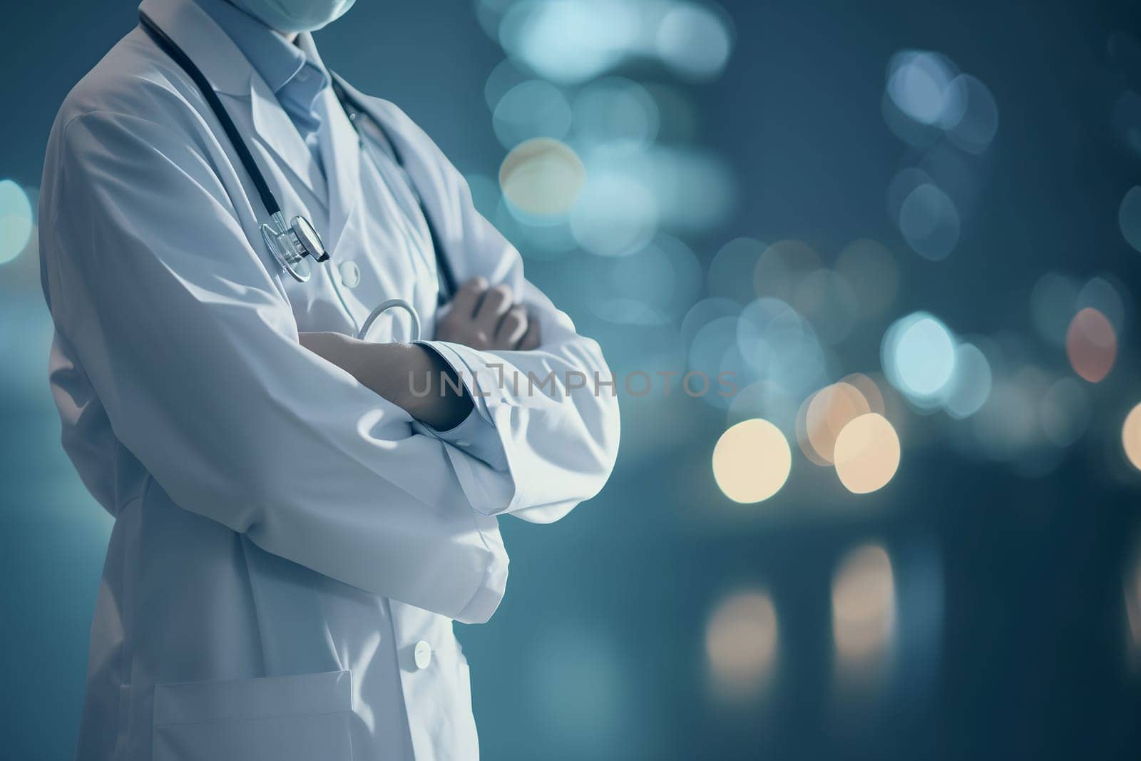 Abstract Medical Doctor, Symbolizing Compassion and Expertise asymmetrical composition with copy space. Neural network generated image. Not based on any actual scene or pattern.