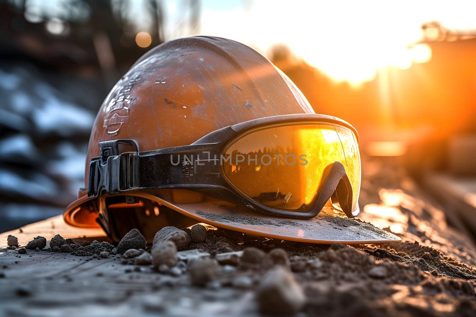 Old yellow hard hat at construction site. Neural network generated image. Not based on any actual scene or pattern.