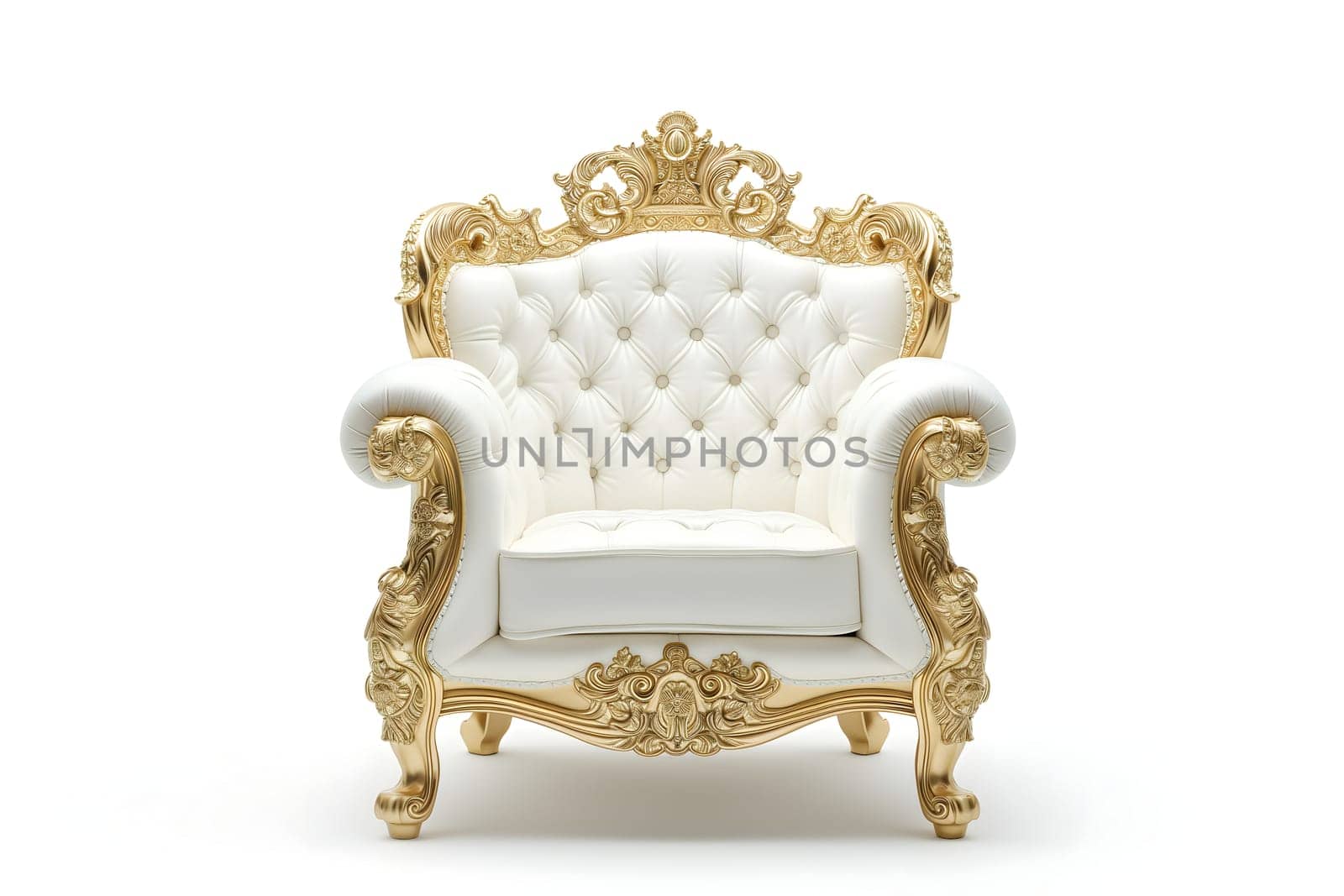White leather capitonner technique armchair on white background. Digitally generated image. Not based on any actual person, scene or pattern.