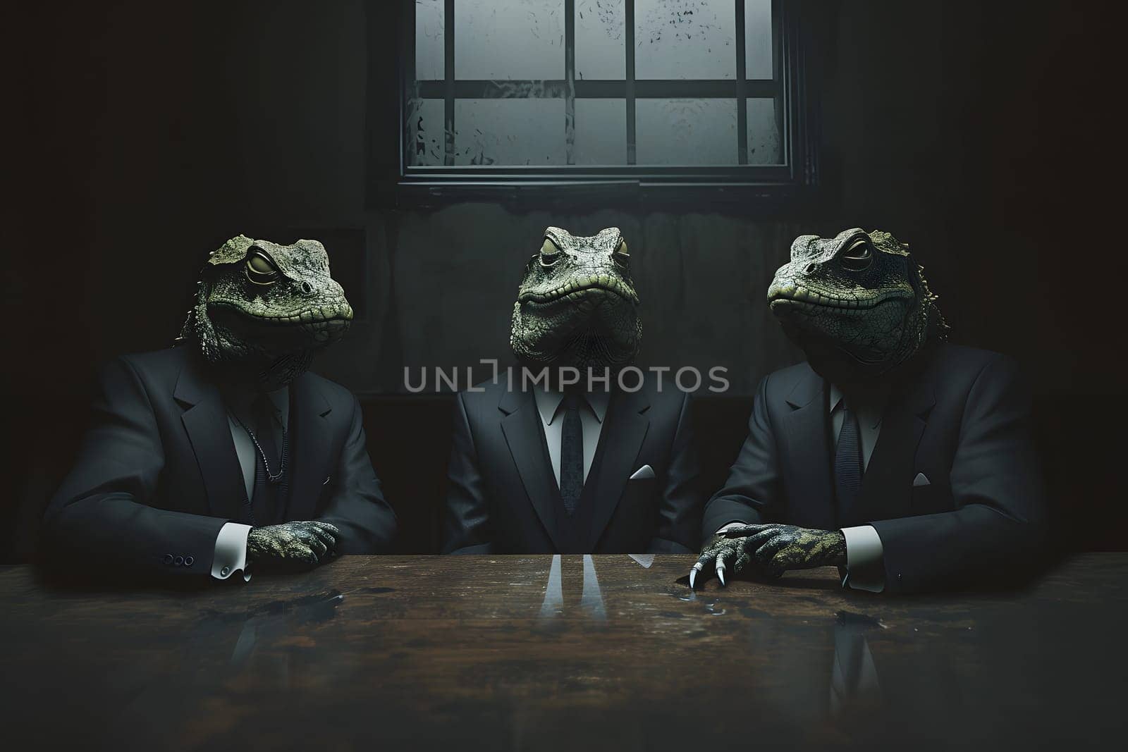 Three reptile men in business suits sitting at the table in dark room, secret world government concept. Neural network generated image. Not based on any actual scene or pattern.