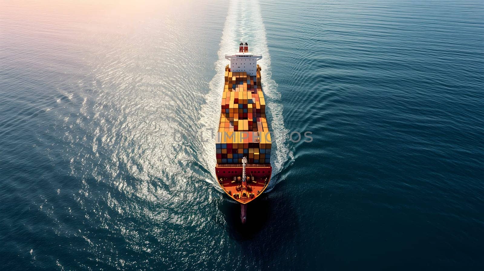Cargo ship full of standard shipping containers at the sea during shipping at day time. Neural network generated image. Not based on any actual scene or pattern.