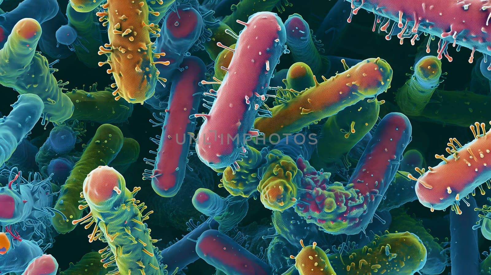 Diverse colorful abstract microbiome, containing many different types of microorganisms. Neural network generated in January 2024. Not based on any actual scene or pattern.