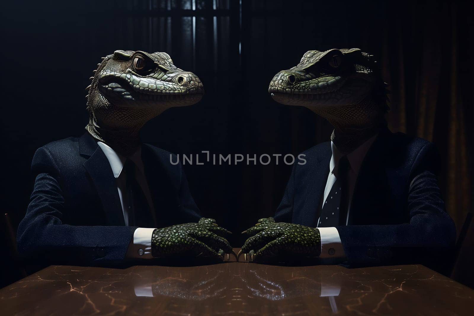 Two reptile men in business suits sitting at the table in dark room, secret world government concept. Neural network generated image. Not based on any actual scene or pattern.