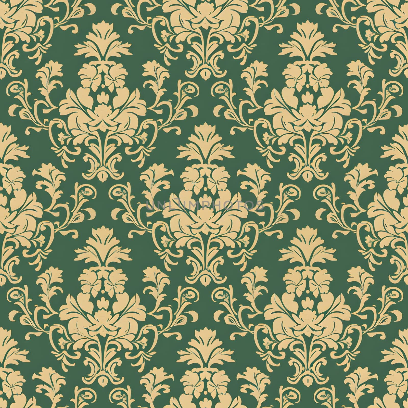 Seamless texture of green and gold damask pattern. Neural network generated image. Not based on any actual scene or pattern.