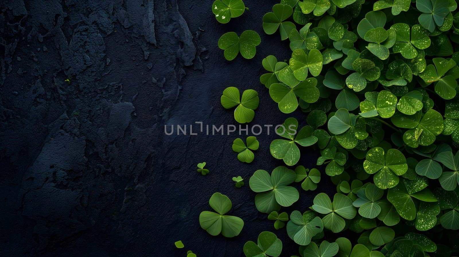 Clover with black background for St. Patricks day. Neural network generated image. Not based on any actual scene or pattern.