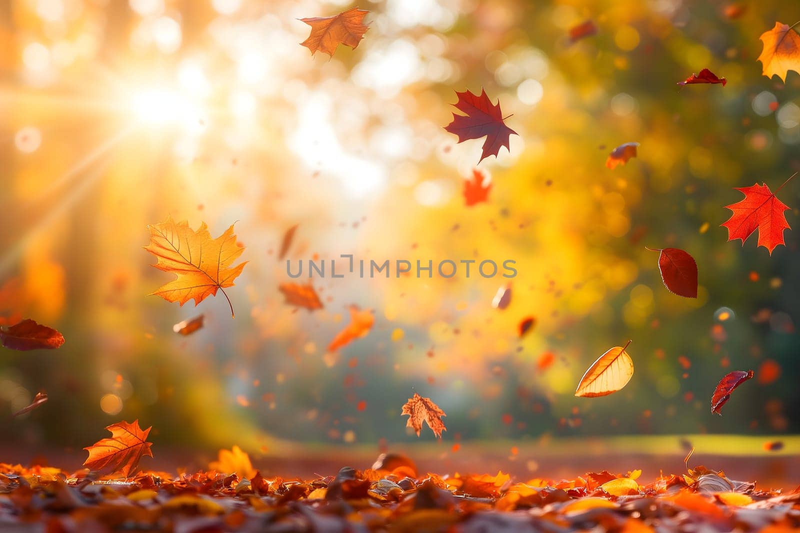Beautiful autumn view with colorful foliage in the park. Falling leaves background with copy space and selective focus. Neural network generated in January 2024. Not based on any actual scene or pattern.