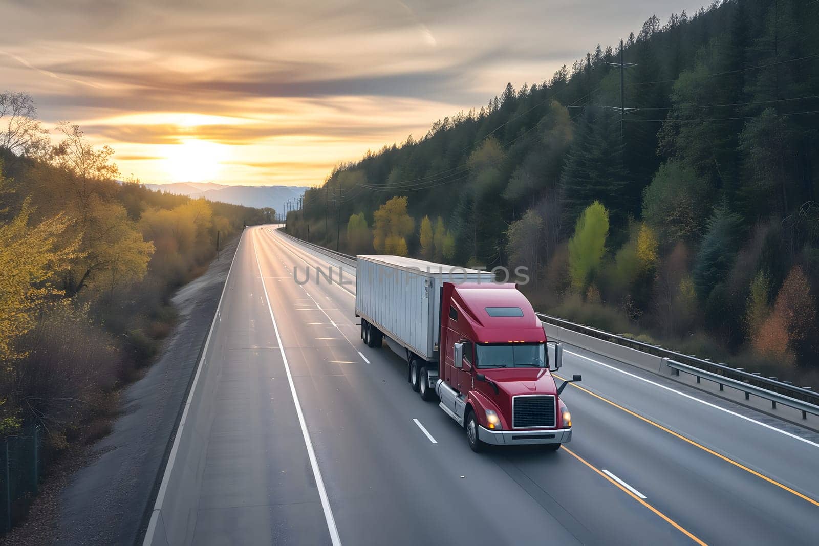 American long-nose semitruck on a highway. Neural network generated image. Not based on any actual scene or pattern.