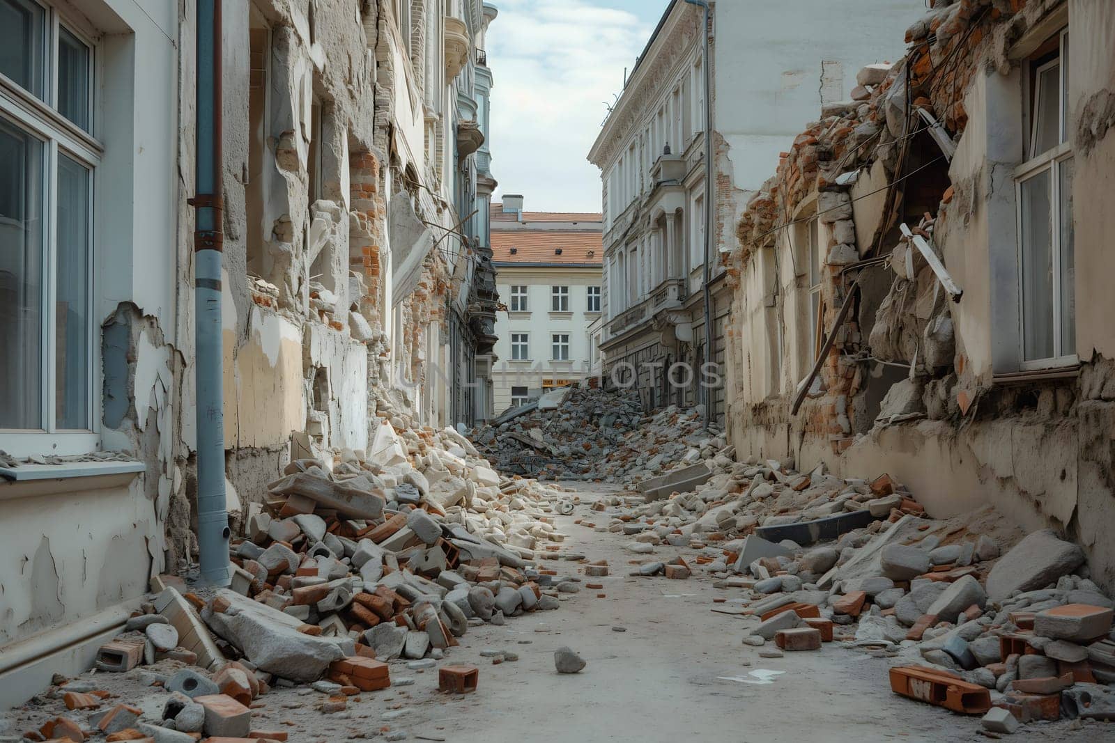 Ruined houses street after war. Neural network generated image. Not based on any actual scene or pattern.