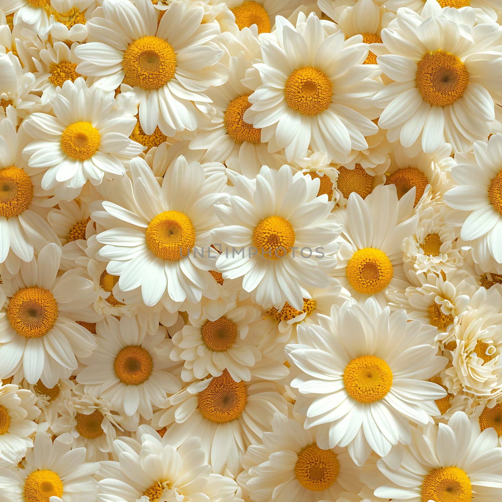 A Lot Of White Yellow Daisies or chamomile flowers - for full-frame background and seamless texture. Neural network generated image. Not based on any actual scene or pattern.