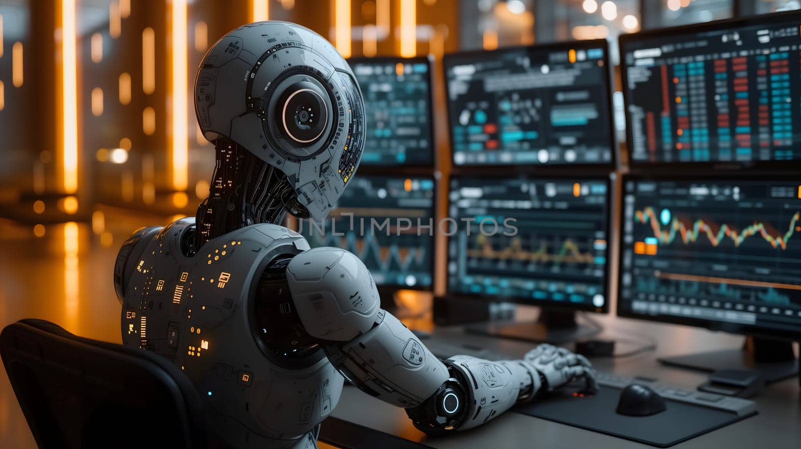 Back view of a financial analyst day trader robot working on computer with many screens that shows real-time stock data. Neural network generated image. Not based on any actual scene or pattern.