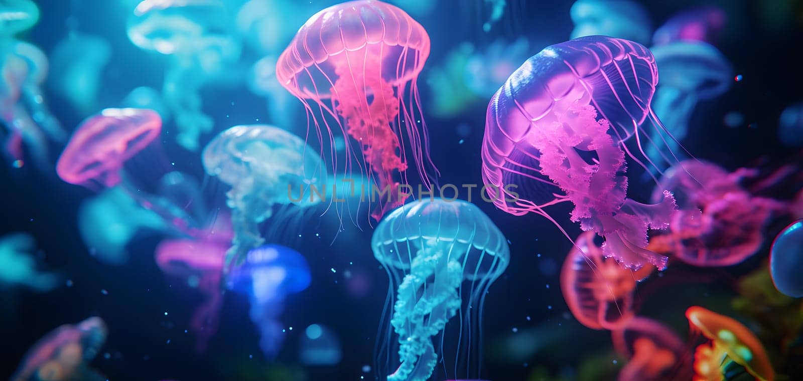 glowing sea jellyfishes on dark background, neural network generated art. Neural network generated in January 2024. Not based on any actual scene or pattern.
