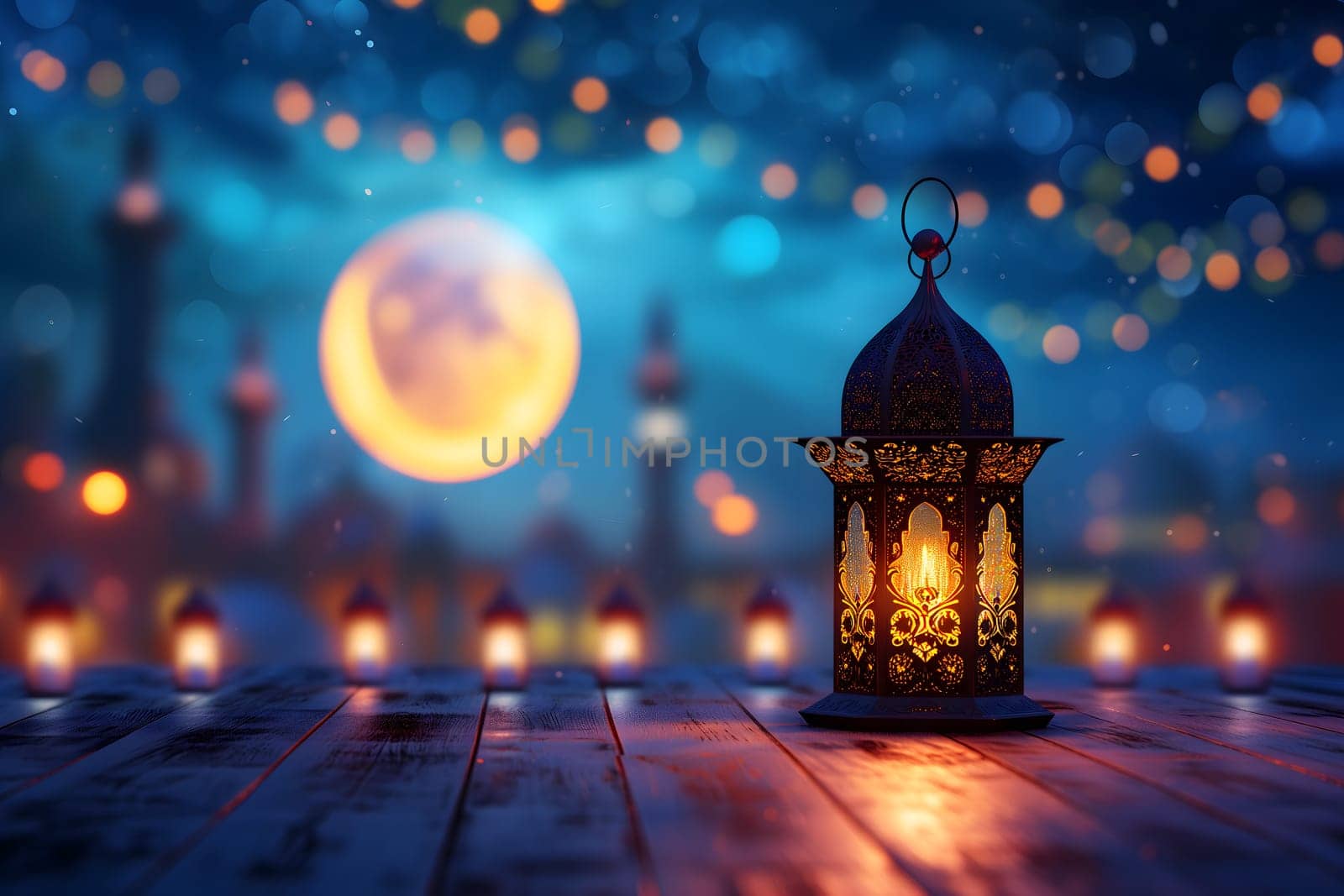fanous Ramadan lanterns on a table at night with mosque in the background. Neural network generated in January 2024. Not based on any actual scene or pattern.