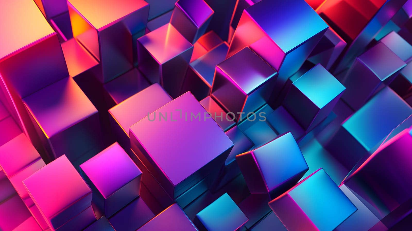Abstract background of glass cubes with colorful orange and pink lighting. Neural network generated in January 2024. Not based on any actual scene or pattern.