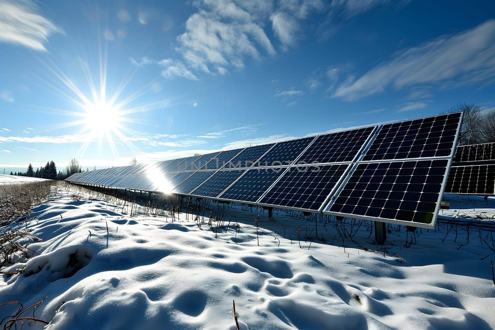 Photovoltaic solar panels in the field at sunny winter day. Neural network generated in January 2024. Not based on any actual scene or pattern.