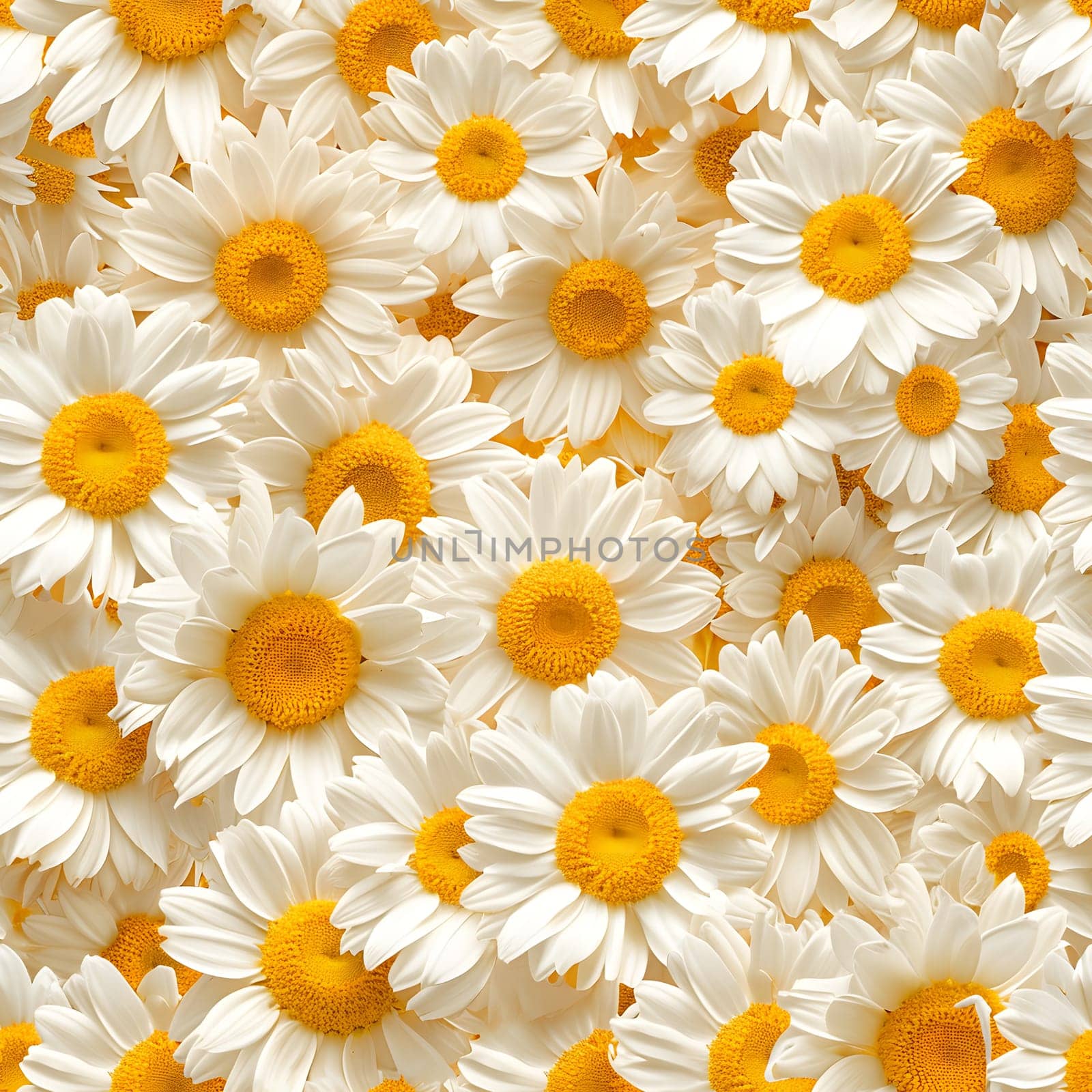 A Lot Of White Yellow Daisies or chamomile flowers - for full-frame background and seamless texture. Neural network generated image. Not based on any actual scene or pattern.