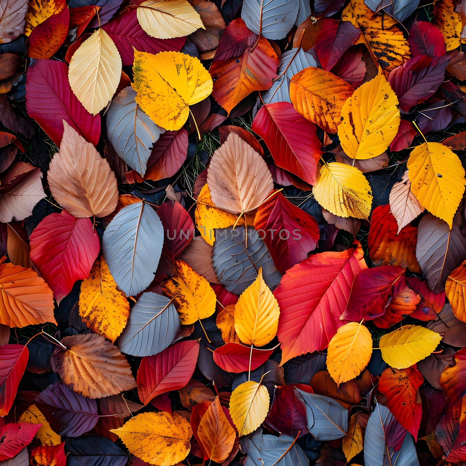 Seamless texture and background of colorful fallen autumnal leaves. Neural network generated image. Not based on any actual scene or pattern.