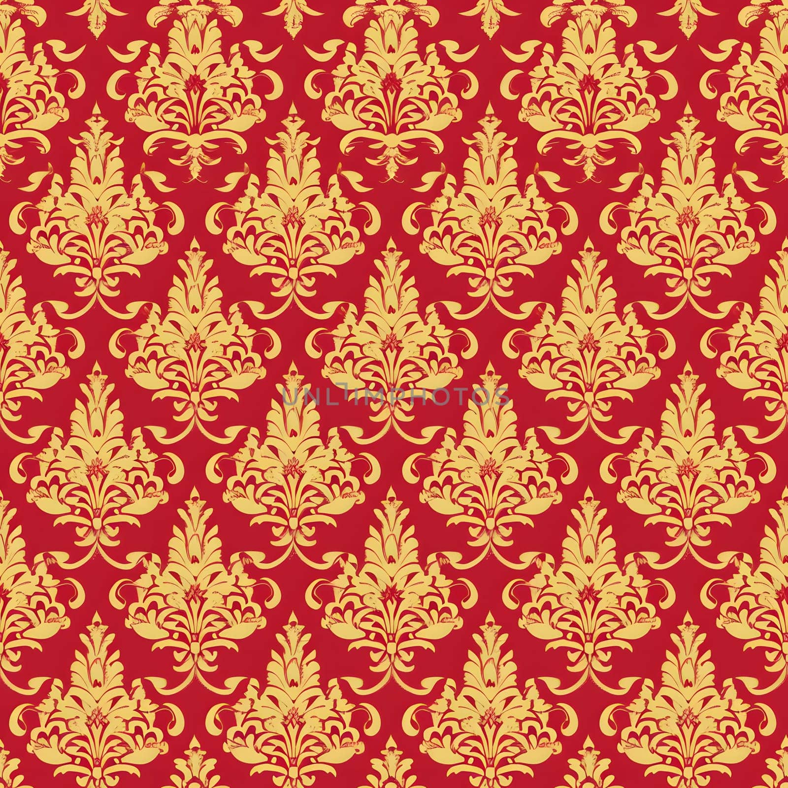 Seamless texture of red and gold damask pattern. Neural network generated image. Not based on any actual scene or pattern.