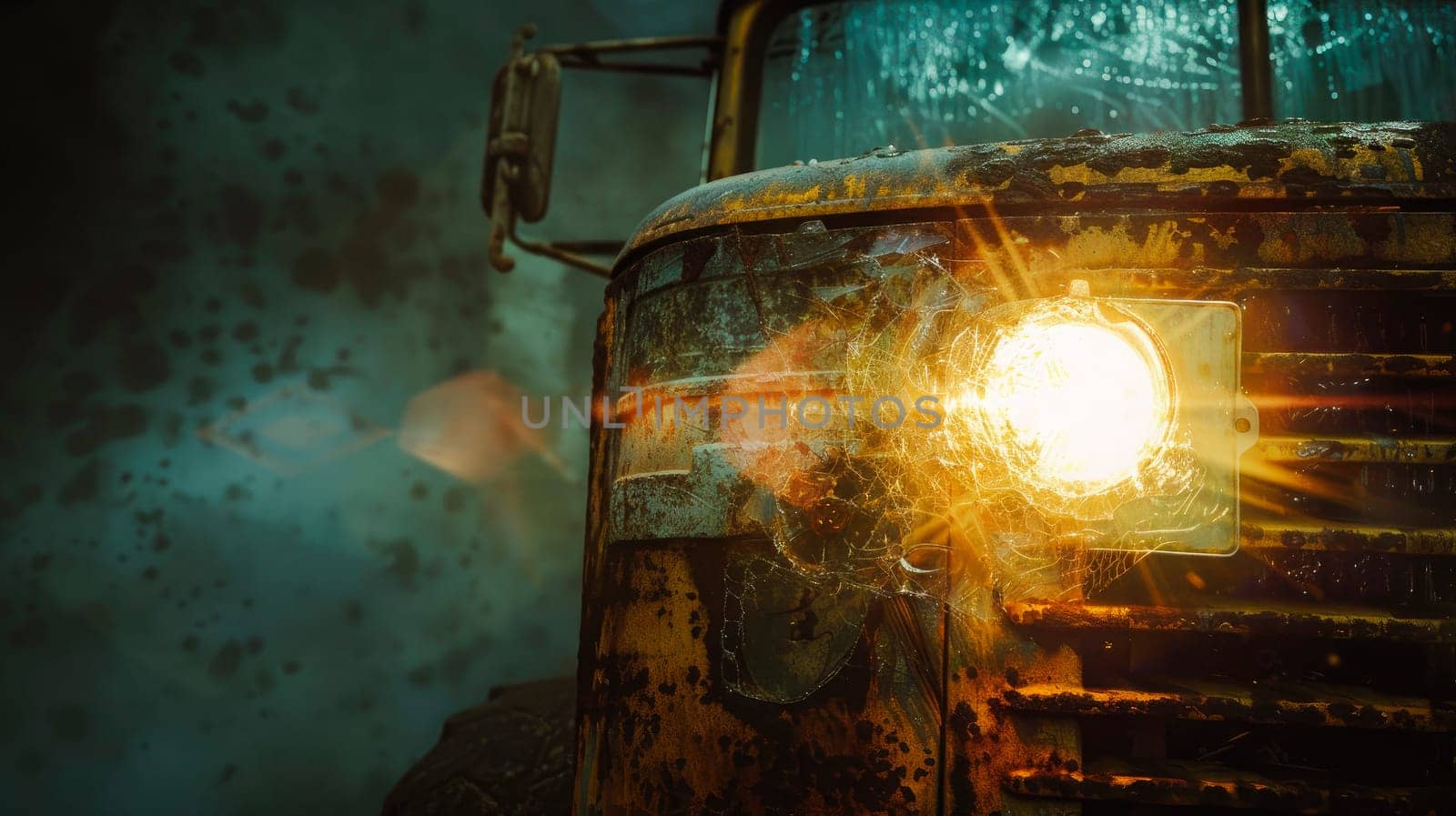 Close up view of a headlight of an old pick up truck. AI generated