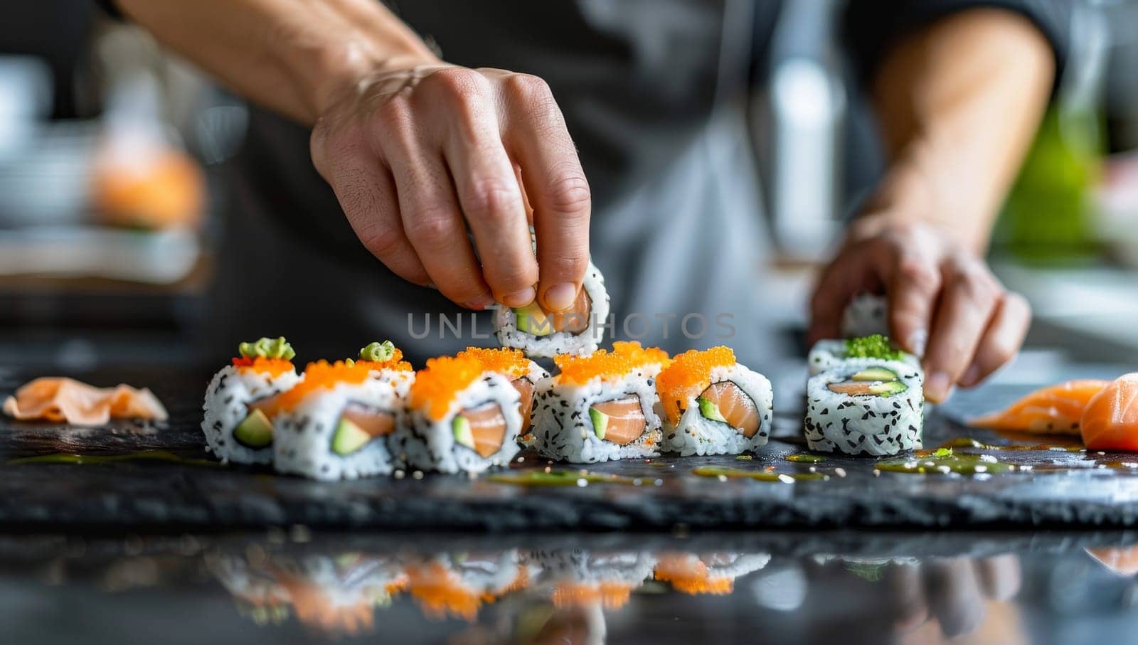 Chef Skillfully Decorating Sushi Rolls with Fresh Salmon