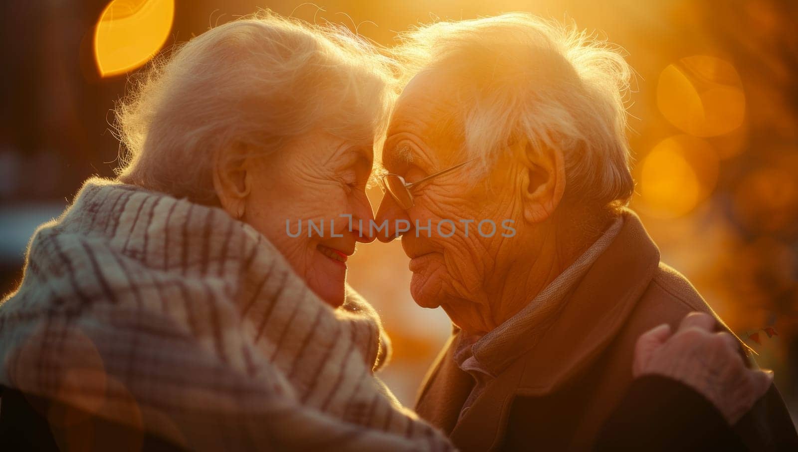 Portrait of a happy senior couple in the park at sunset.