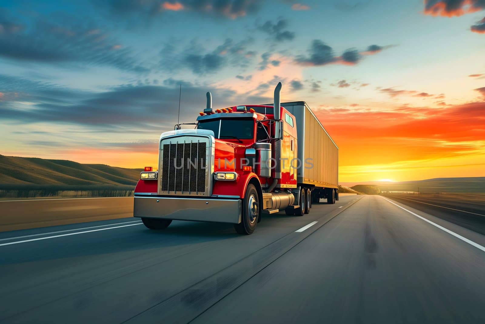 Classic American long-nose semitruck on a highway. Neural network generated image. Not based on any actual scene or pattern.