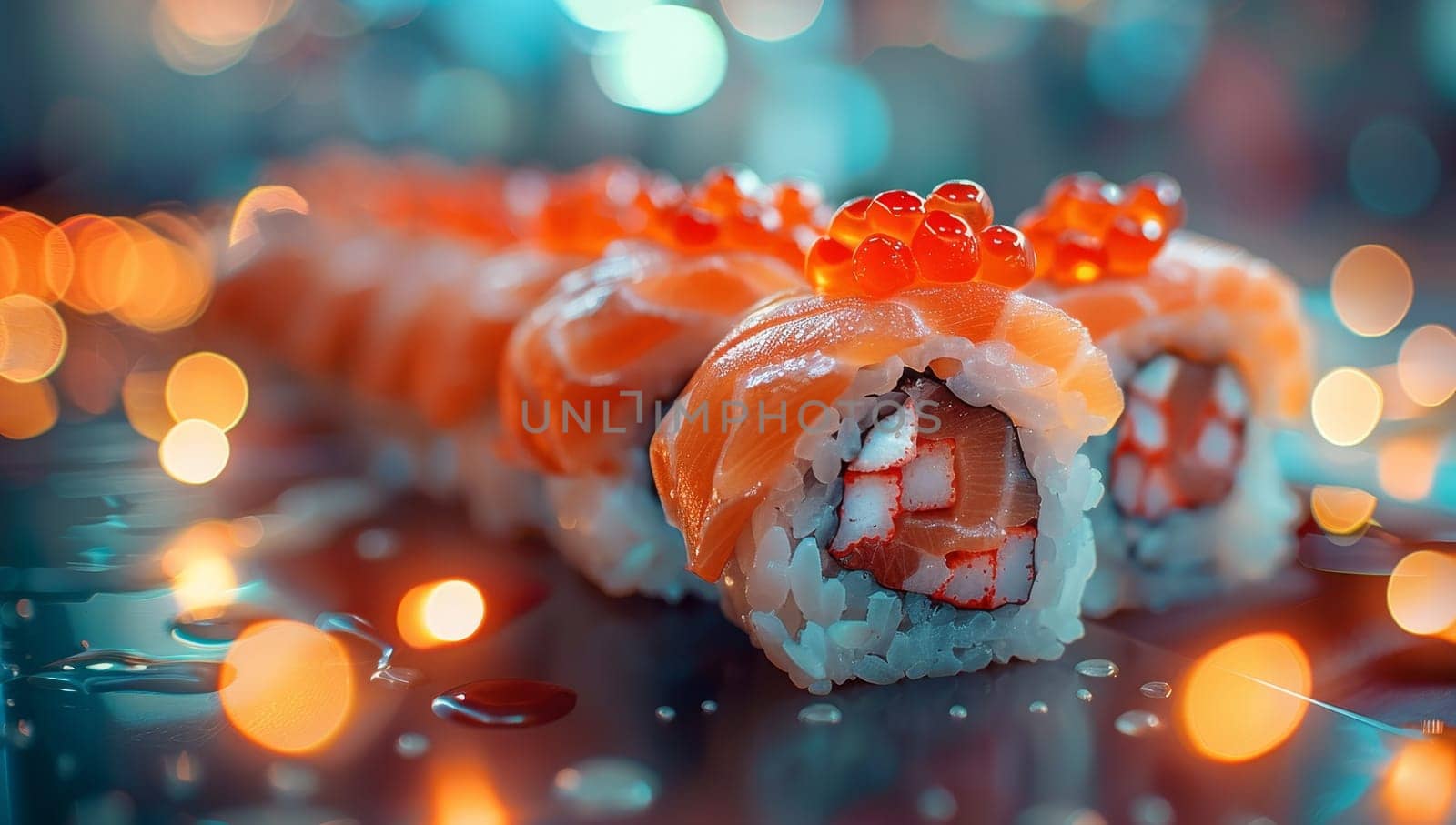 Sushi roll with salmon and caviar on a blue background with bokeh
