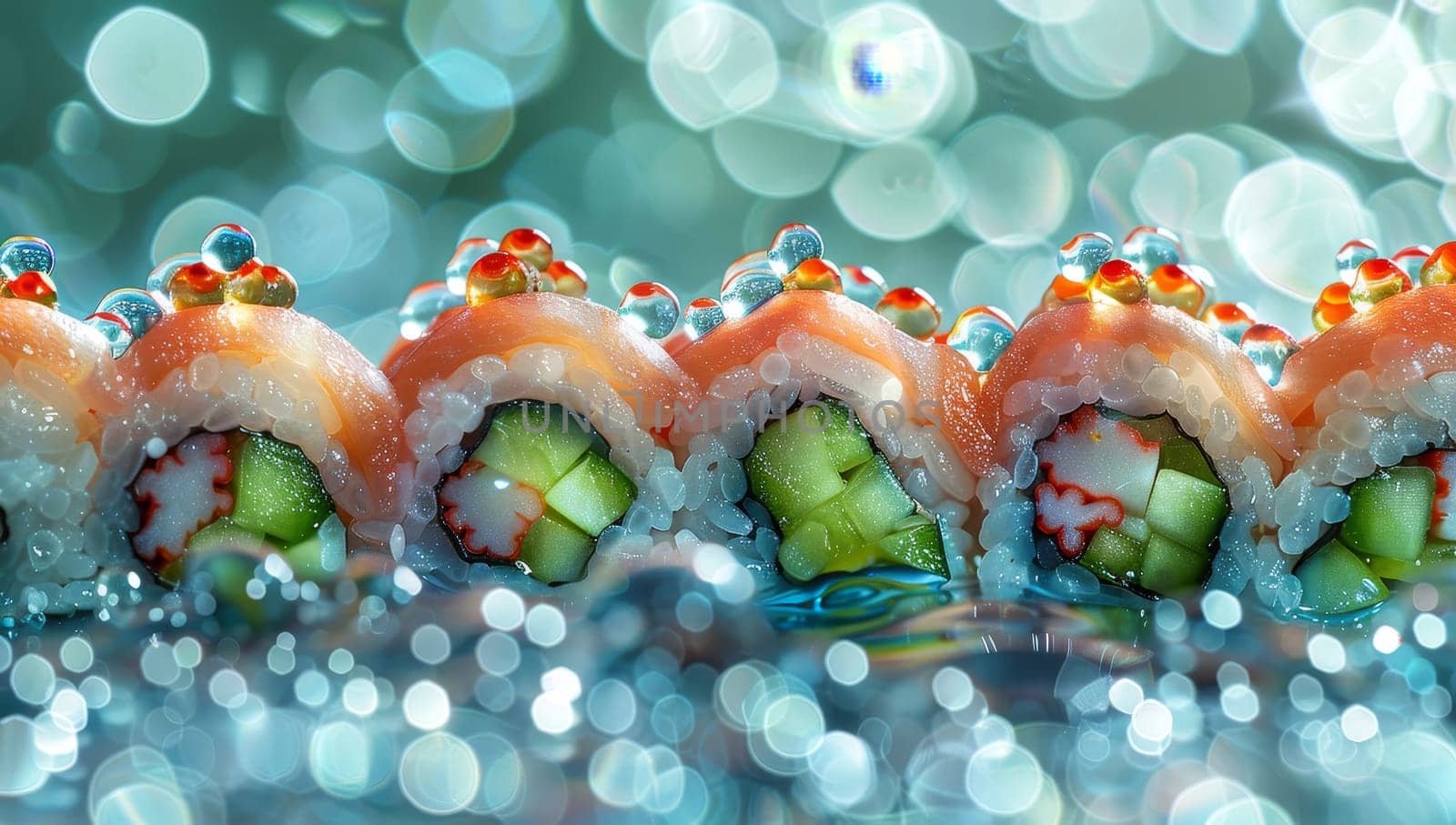 Sushi roll with salmon and cucumber on bokeh background