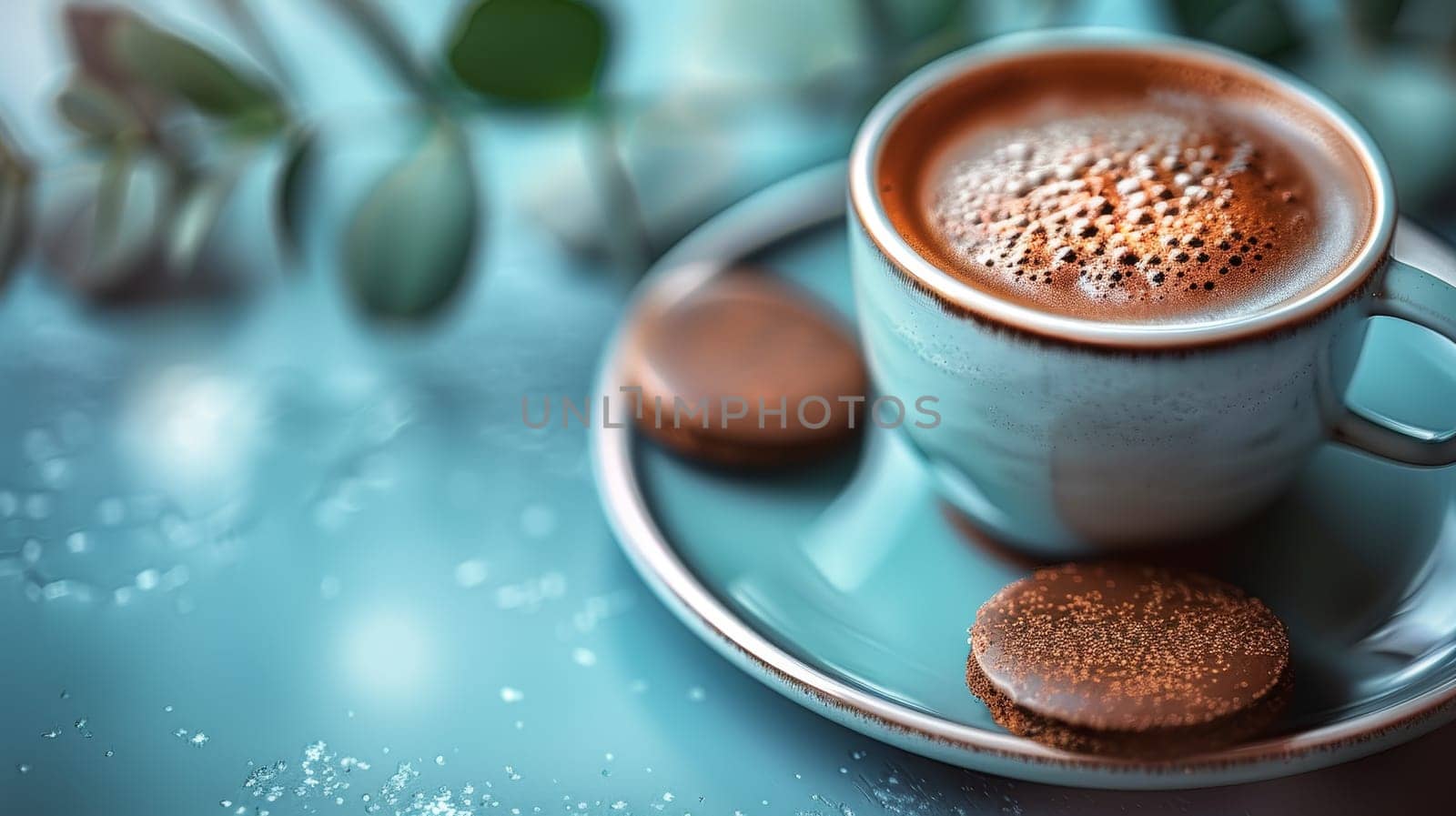 Coffee cup with chocolate cookies on vibrant blue surface