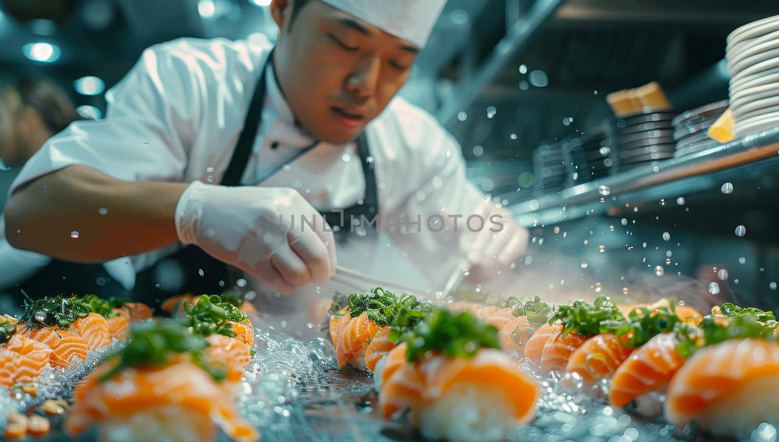 Chef preparing sushi in restaurant kitchen. Chef decorating food.
