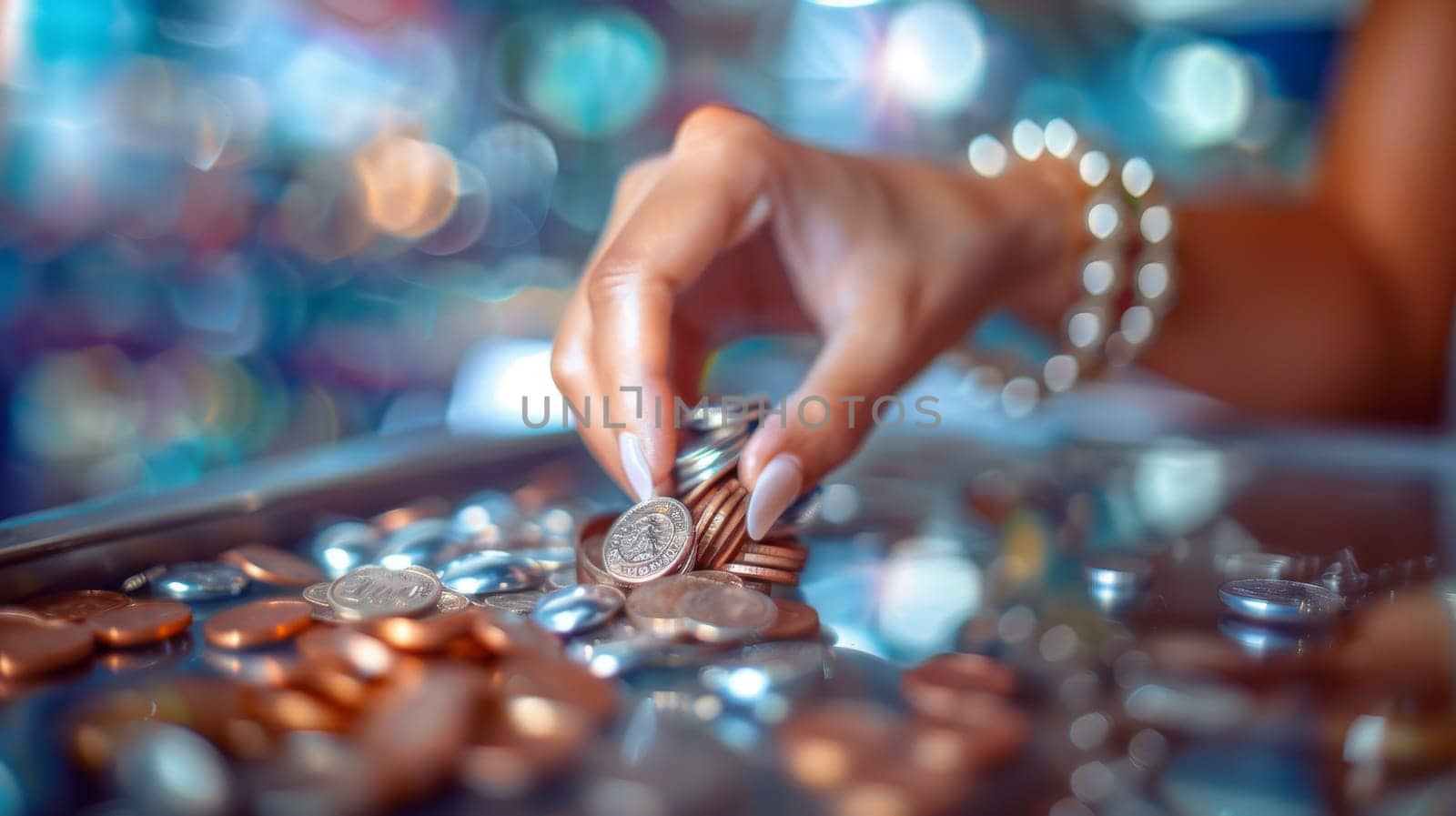 Woman holding coins with bokeh lights
