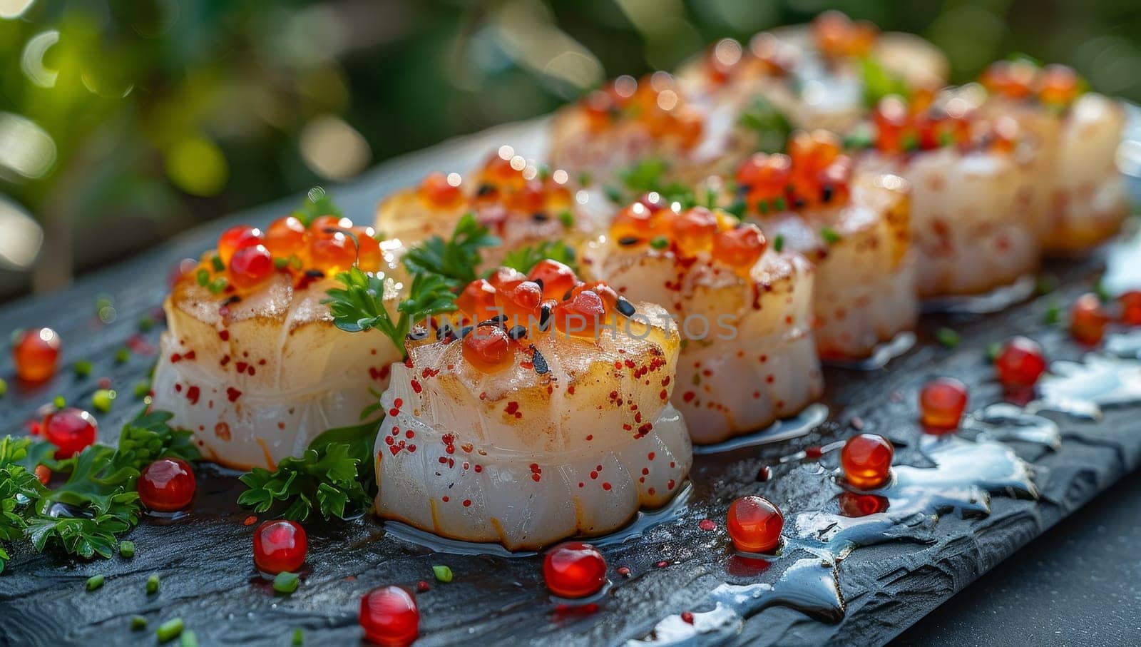 Delicious sushi rolls with red caviar on a black stone plate