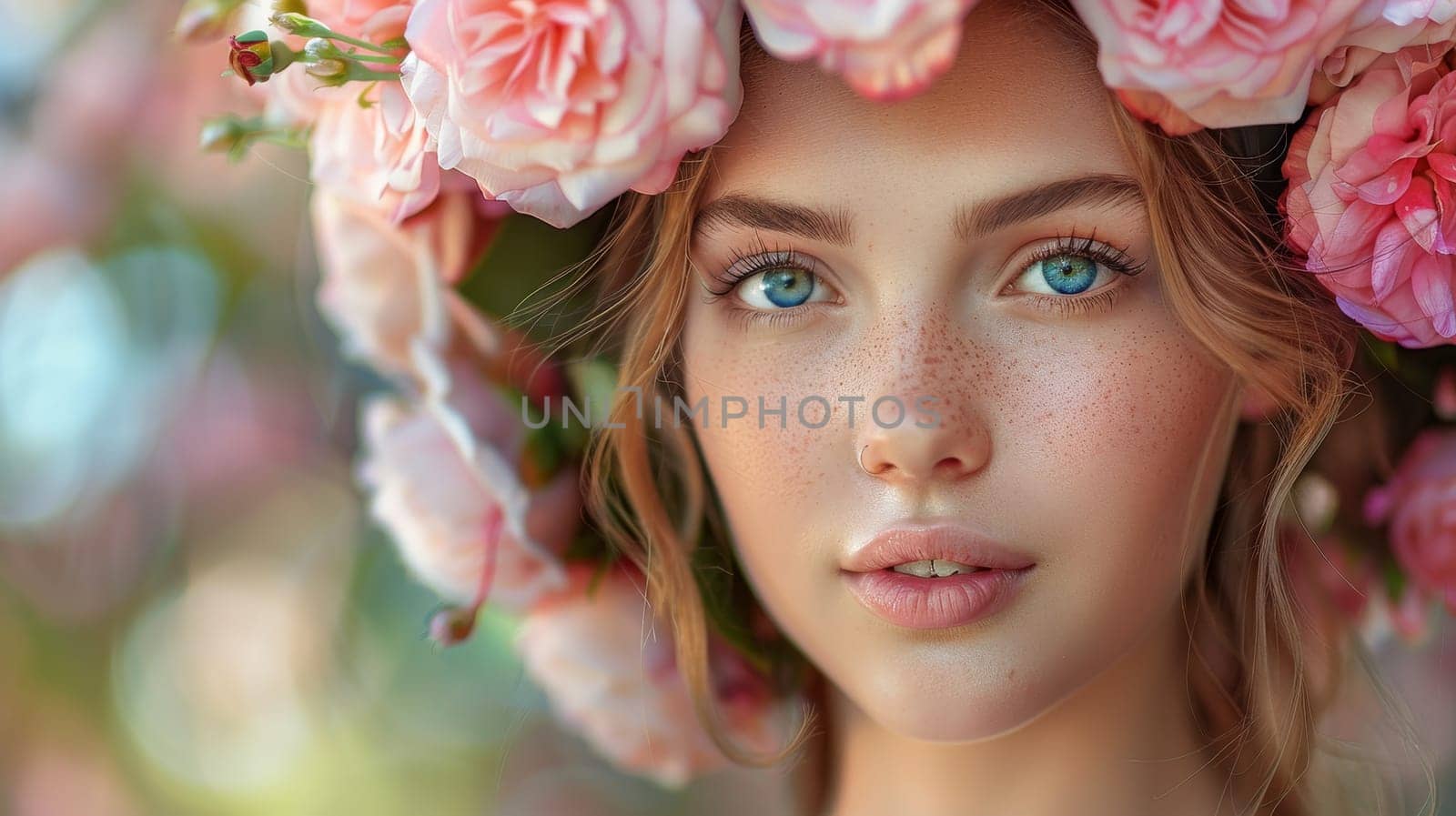 Close-up portrait of a beautiful girl with pink flowers in her hair