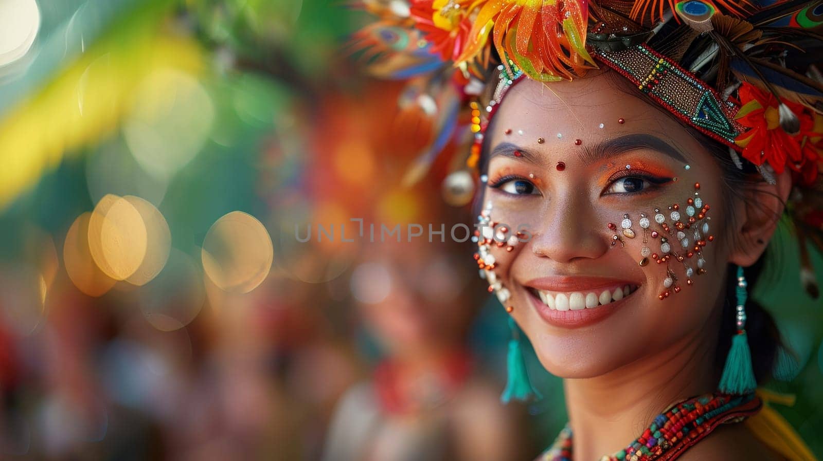 Colorful Traditional Headdress Adorned Woman Close Up
