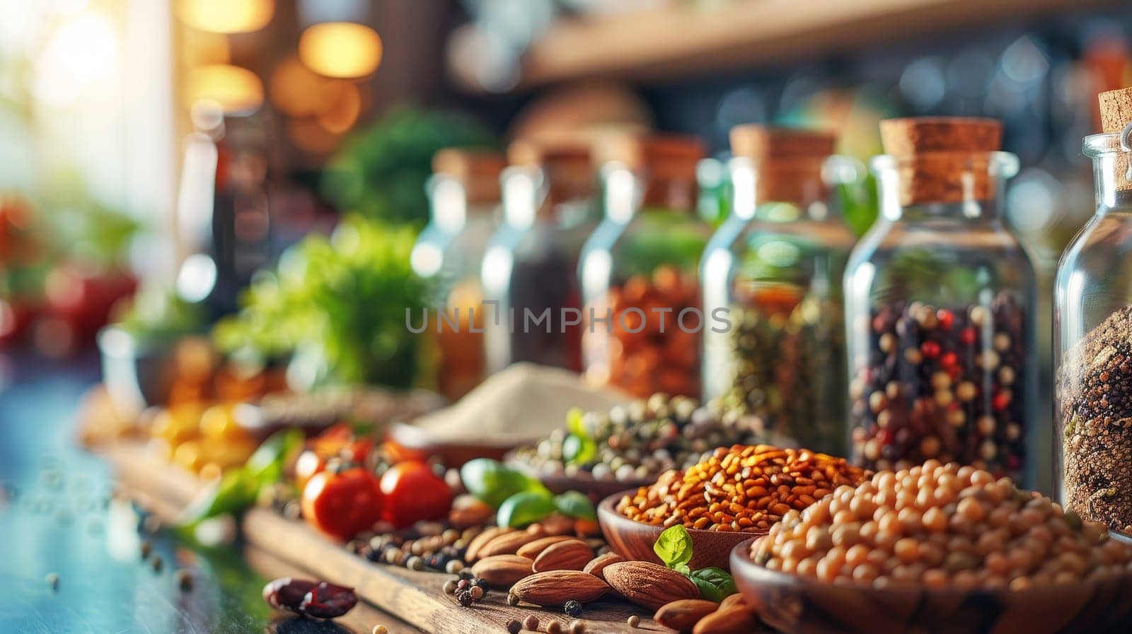 Assortment of spices and herbs in glass bottles on wooden table