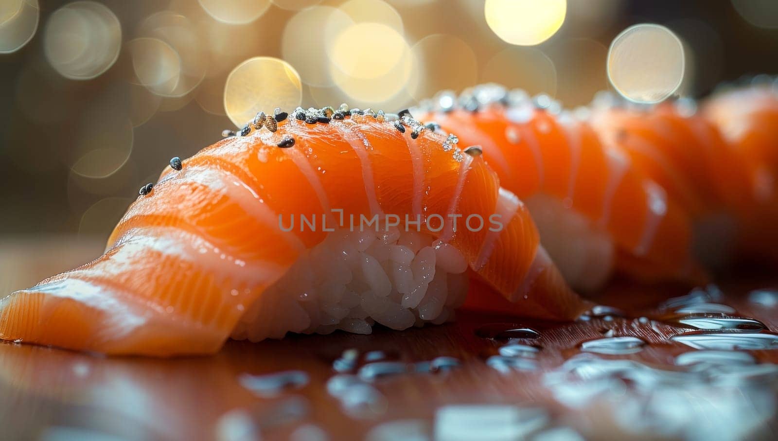 Close up of salmon nigiri sushi on wooden table with bokeh background