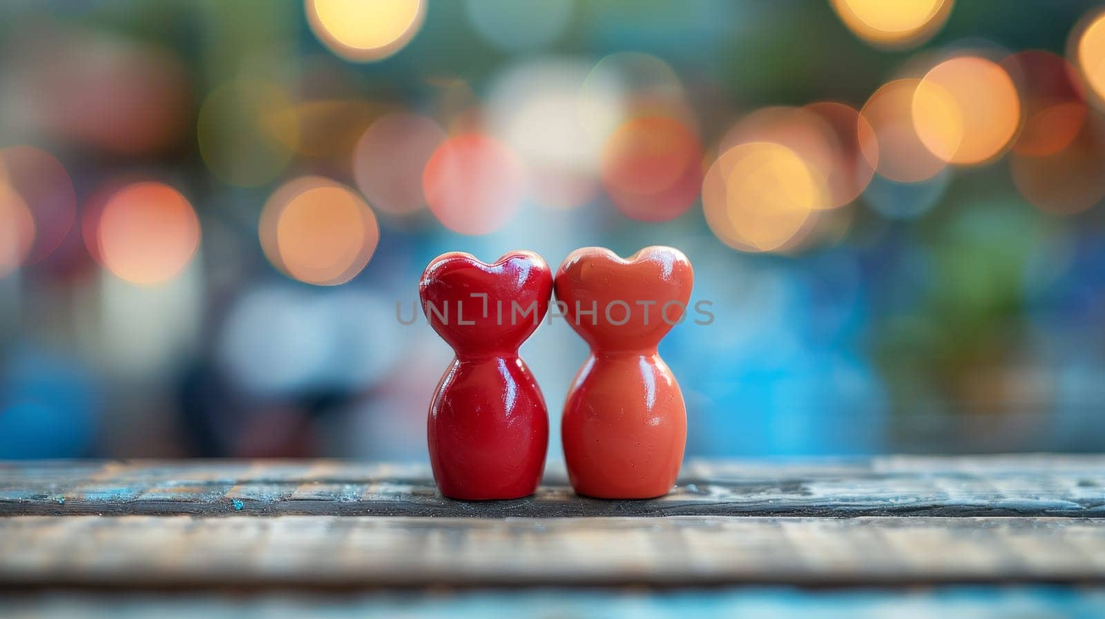 Two red hearts on wooden table with bokeh background. Love concept.