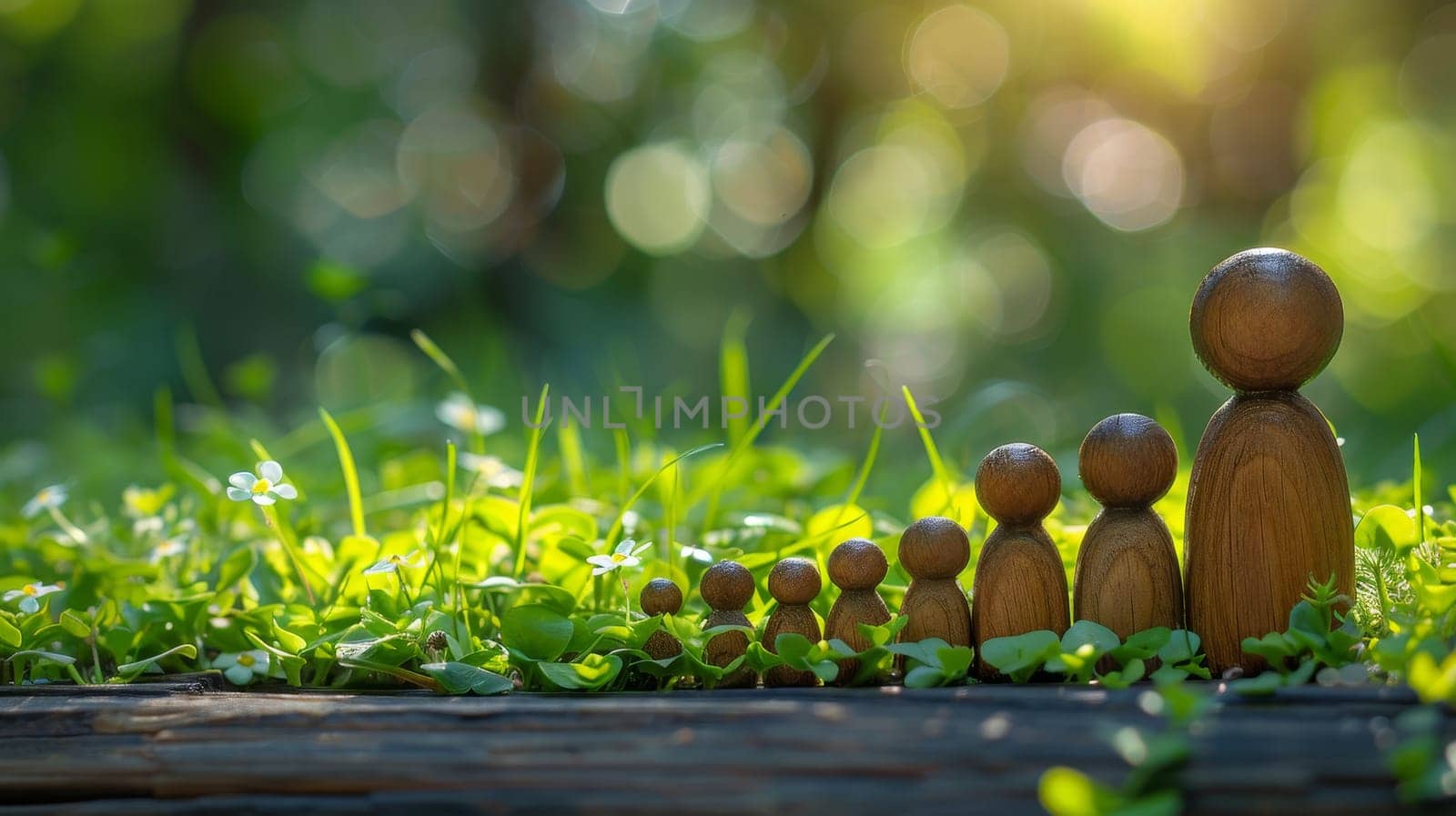 Wooden figures of family standing in garden