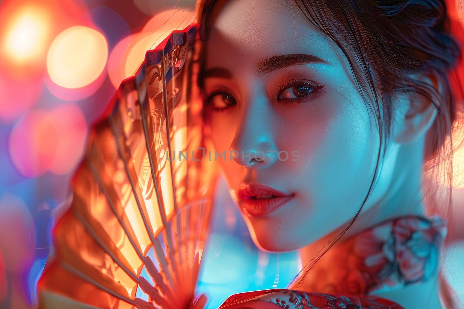 Asian Woman with Red Fan Amidst Colorful Lights