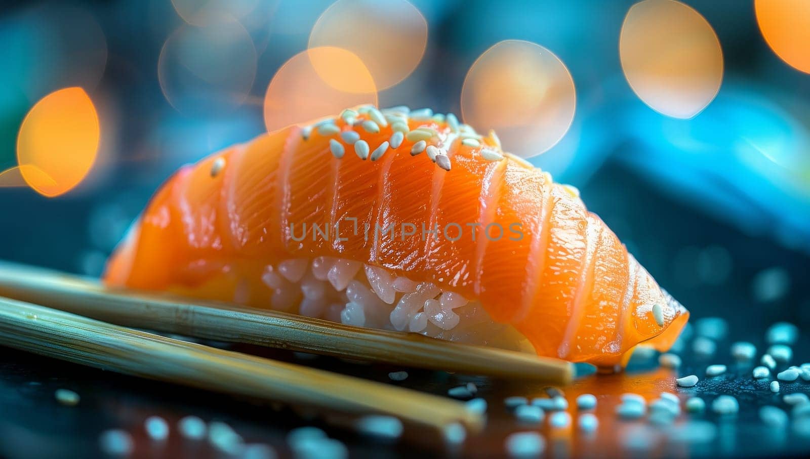 Salmon sushi with chopsticks and sesame seeds