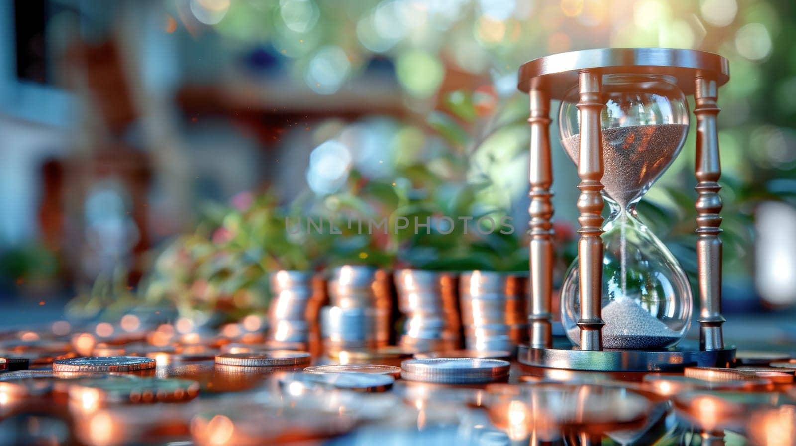 Hourglass Amidst Coins Depicting Time is Money Concept