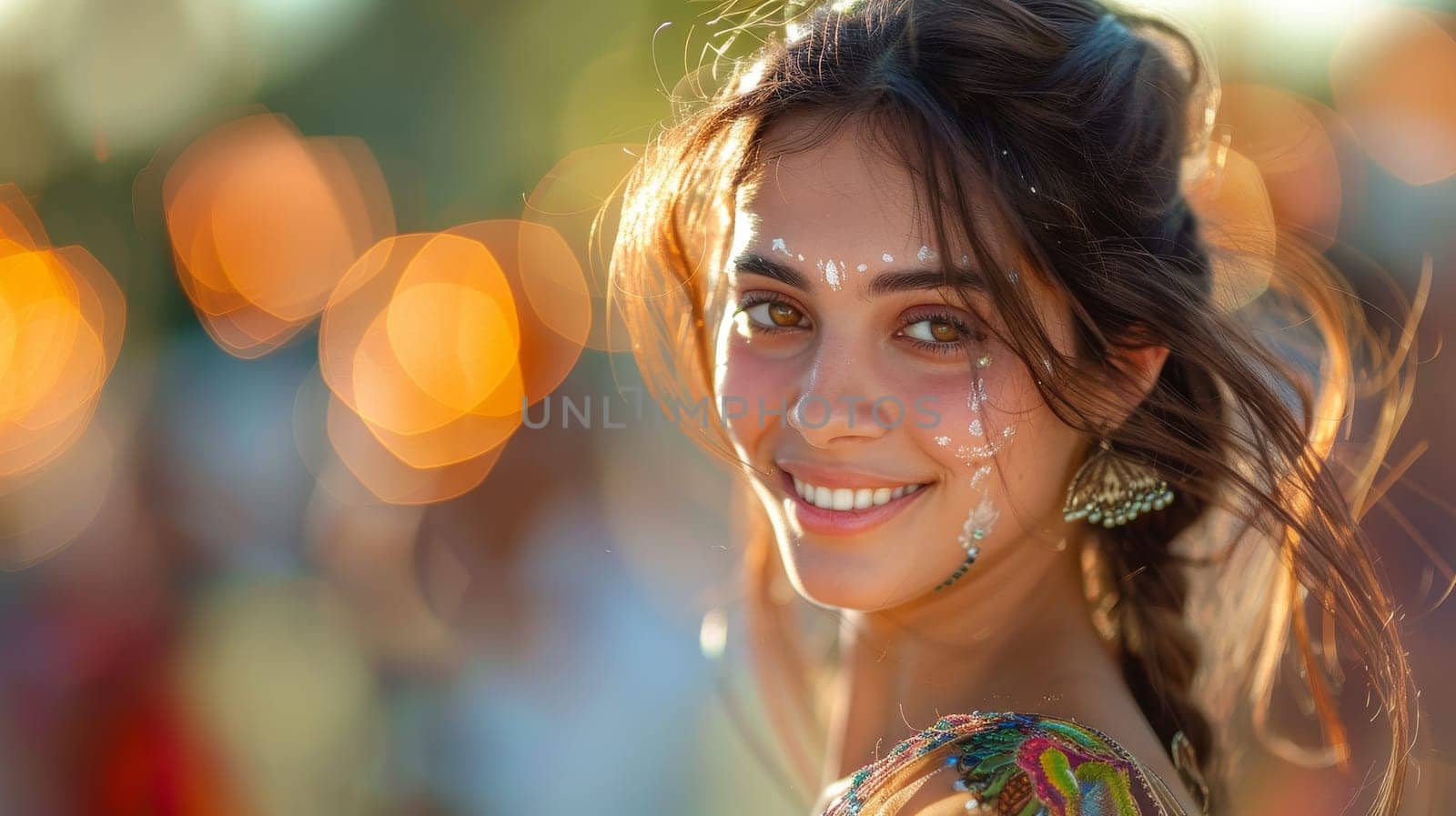 Sunlit Indian Woman with Long Brown Hair in Traditional Dress