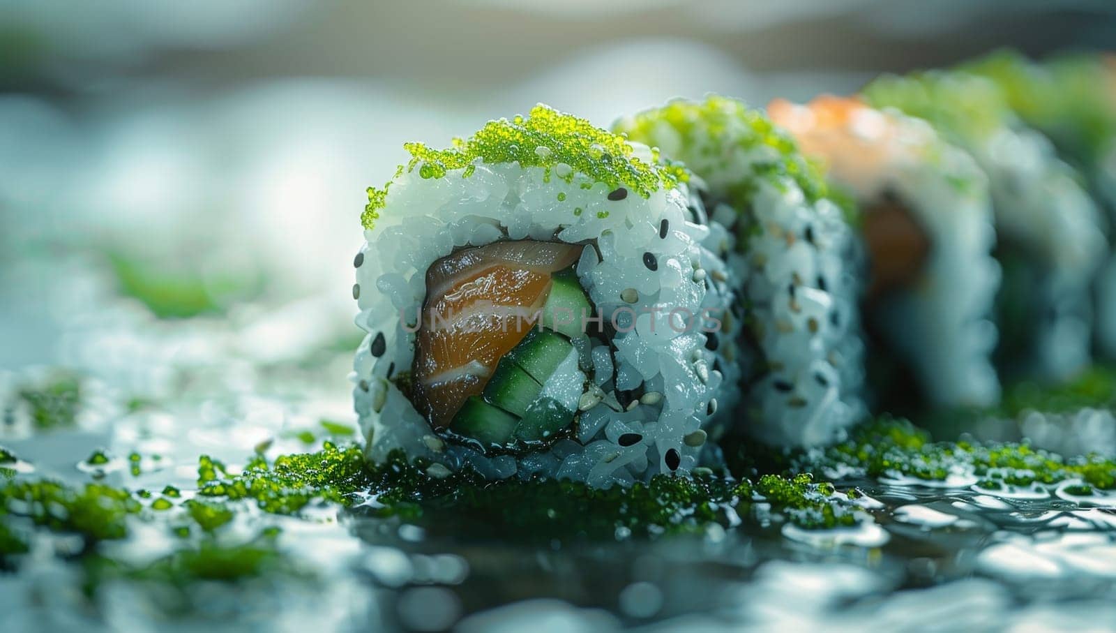 Sushi roll with salmon, avocado, cucumber, cream cheese and nori seaweed