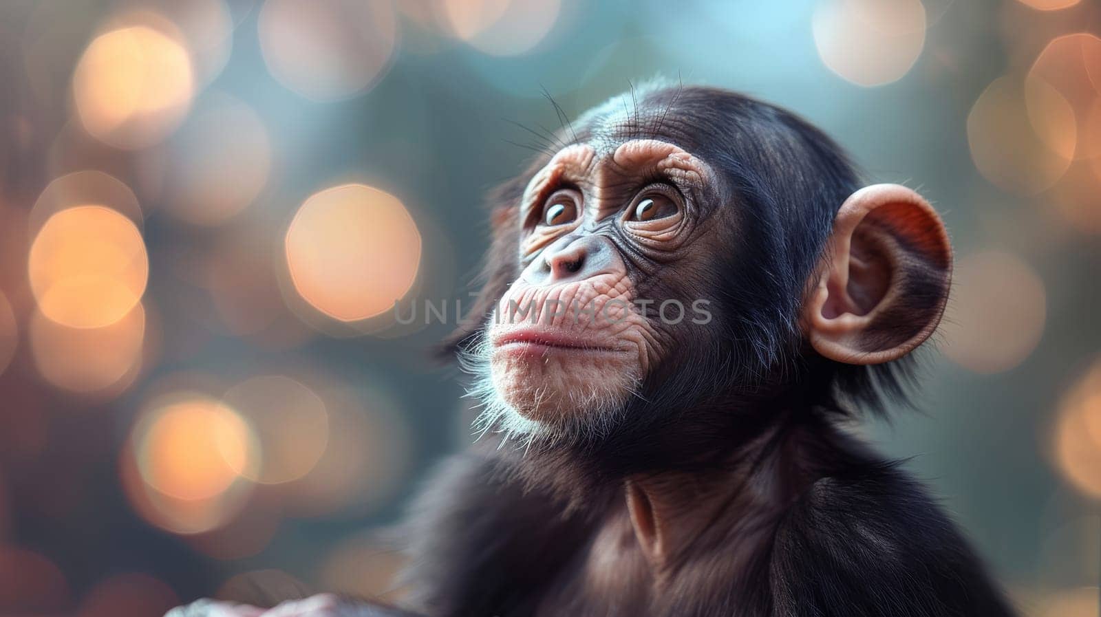 Curious young chimpanzee amidst illuminated lights