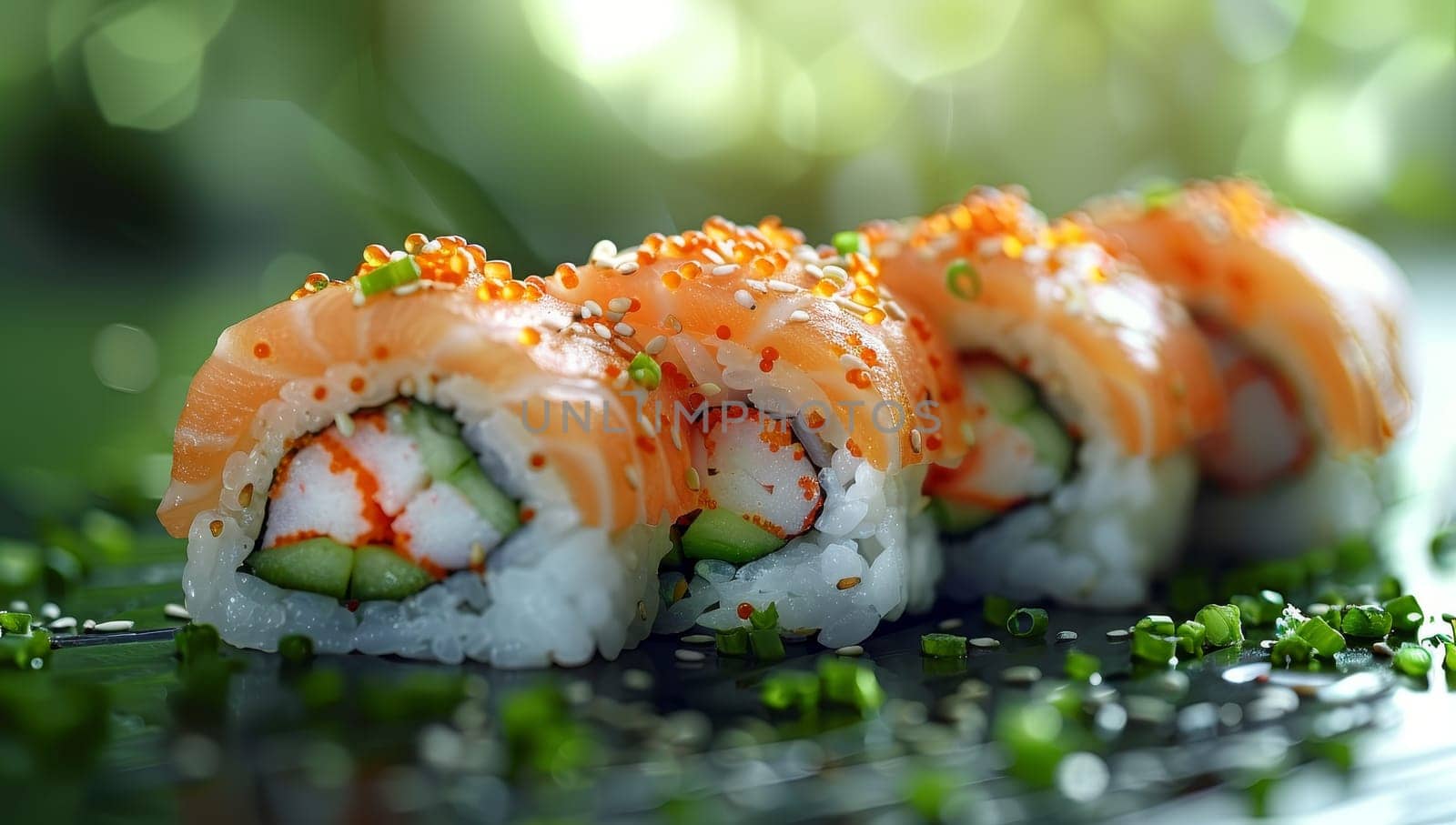 Close up view of fresh sushi rolls with salmon, avocado, and roe on a dark surface