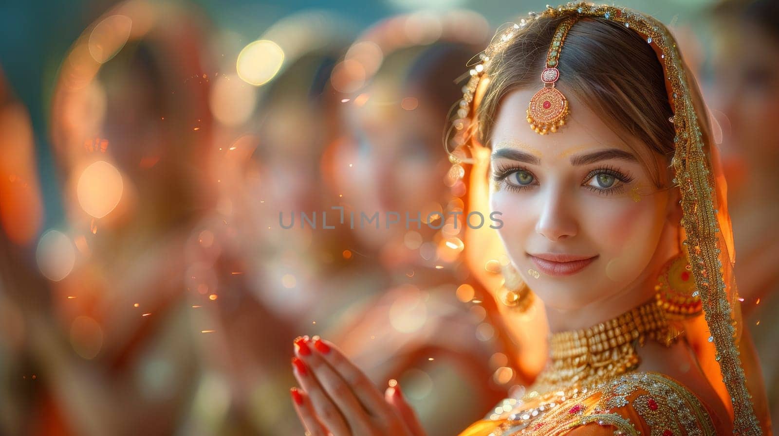 Beautiful young woman in traditional india costume dancing in the temple.