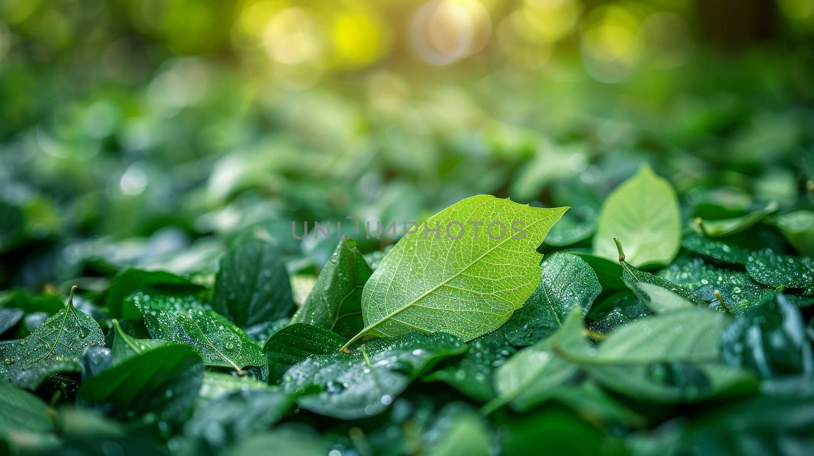 Green leaves with morning dew in the forest. Nature background.