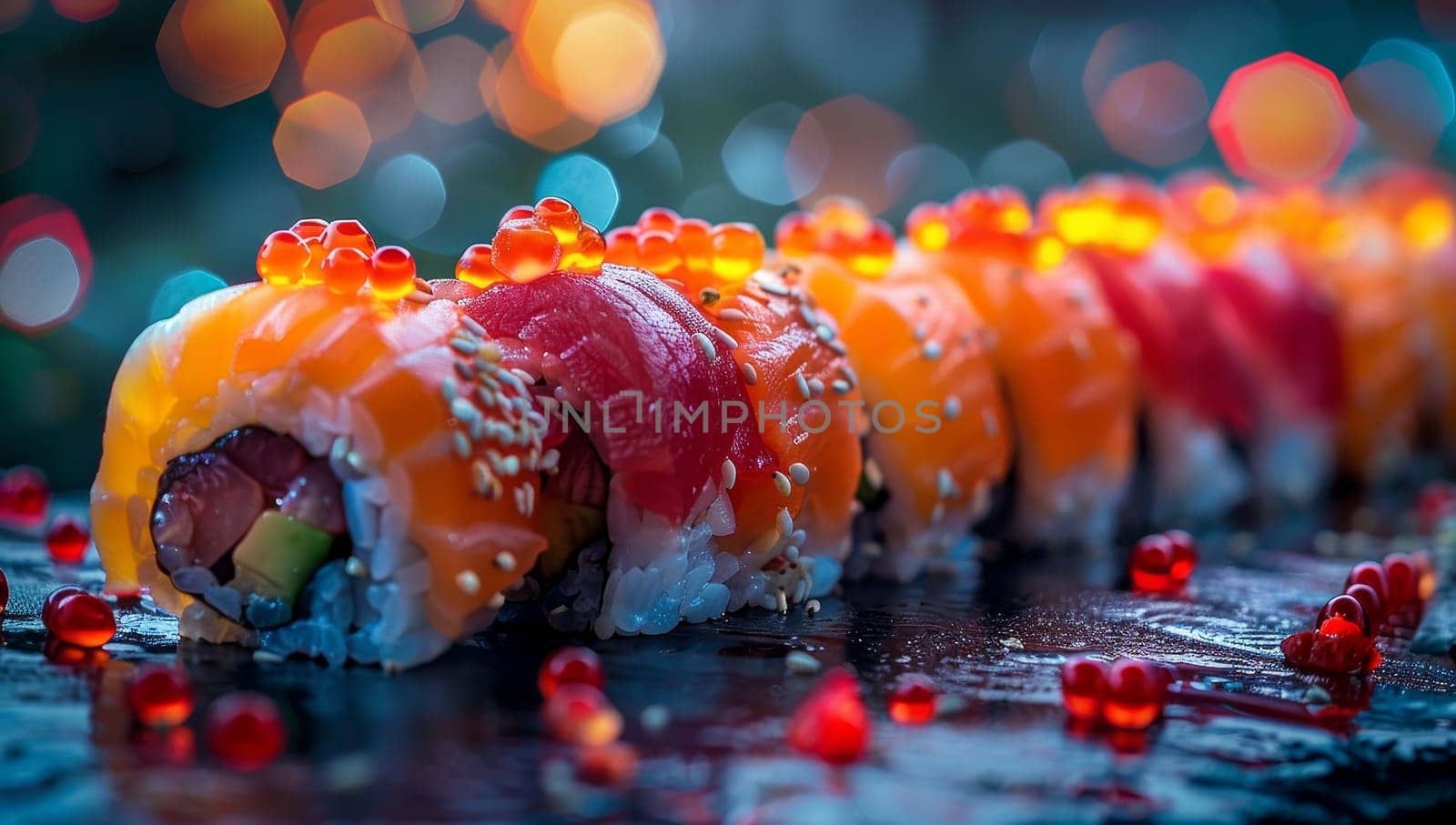 Sushi roll with salmon, avocado, cucumber, cream cheese, red caviar, wasabi and ginger on black background.