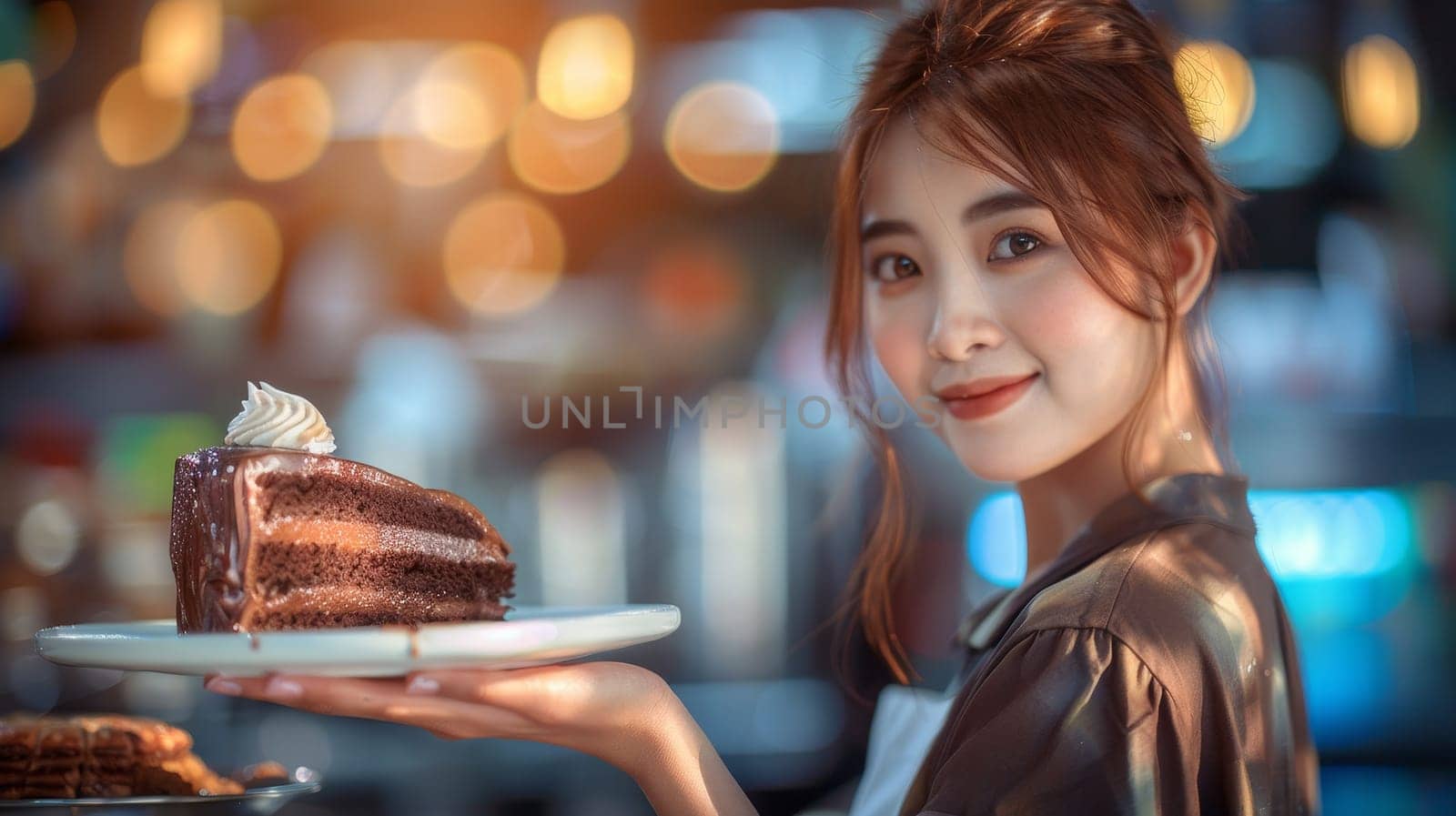 Asian Woman Enjoying Chocolate Cake in Coffee Shop