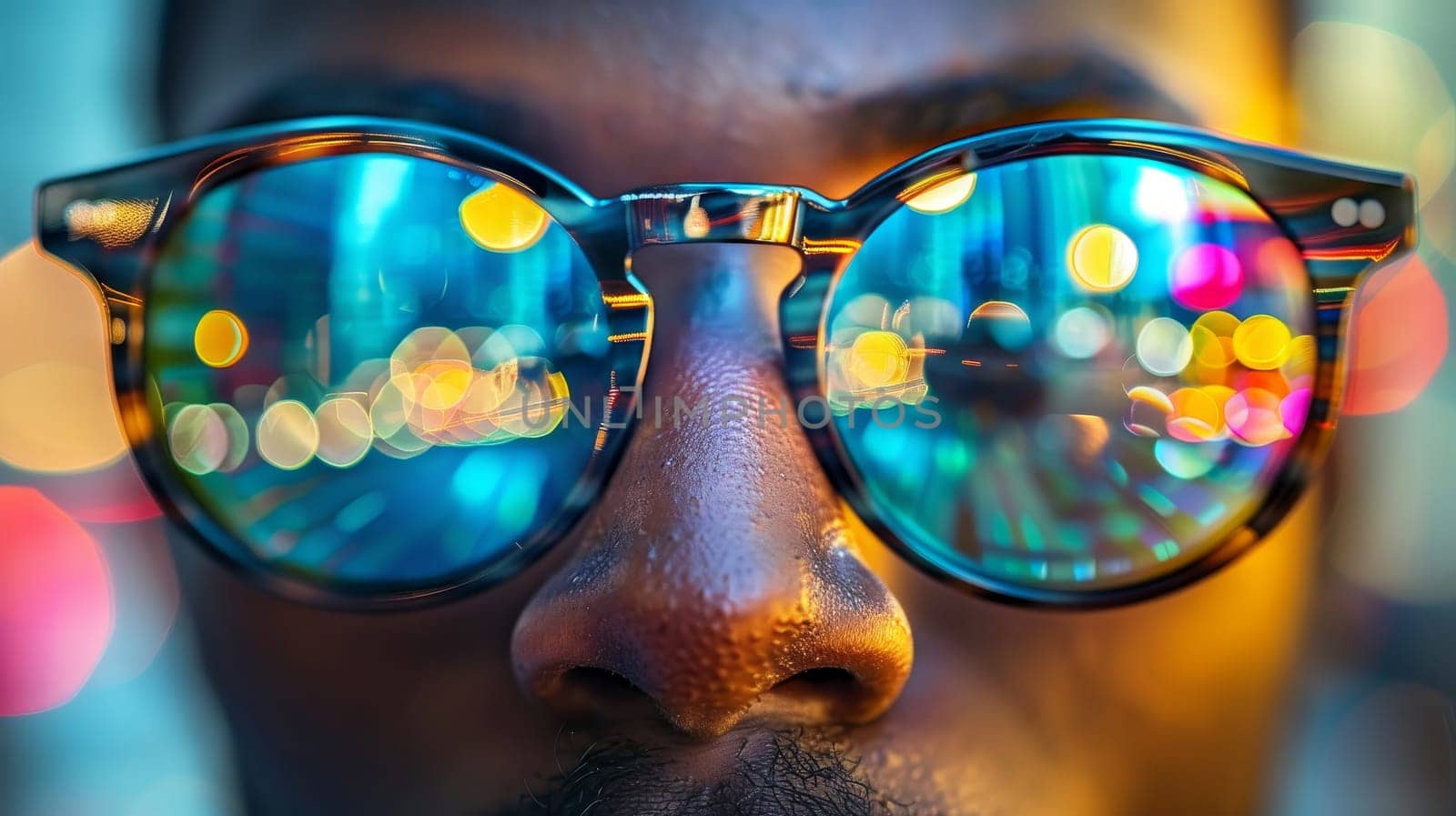 Close up Portrait of Stylish Man with Sunglasses and Colorful Bokeh Lights