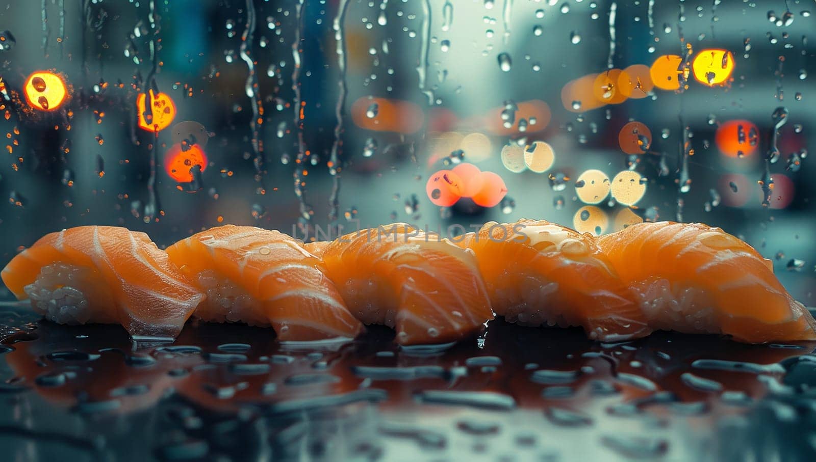 sushi on the background of a rainy city street